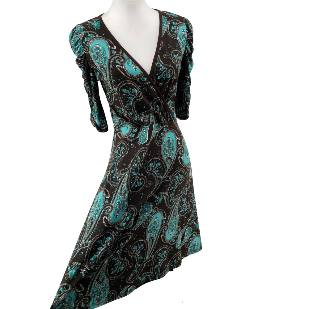 Vintage Faux Wrap Dress Women Large Brown Turquoise Western Boho Paisley Country